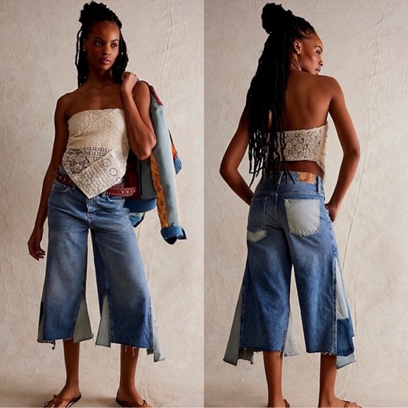 We The Free Ripple Wide-Leg Pieced Cropped Jeans Size 25 Color Blue - Picture 2 of 16